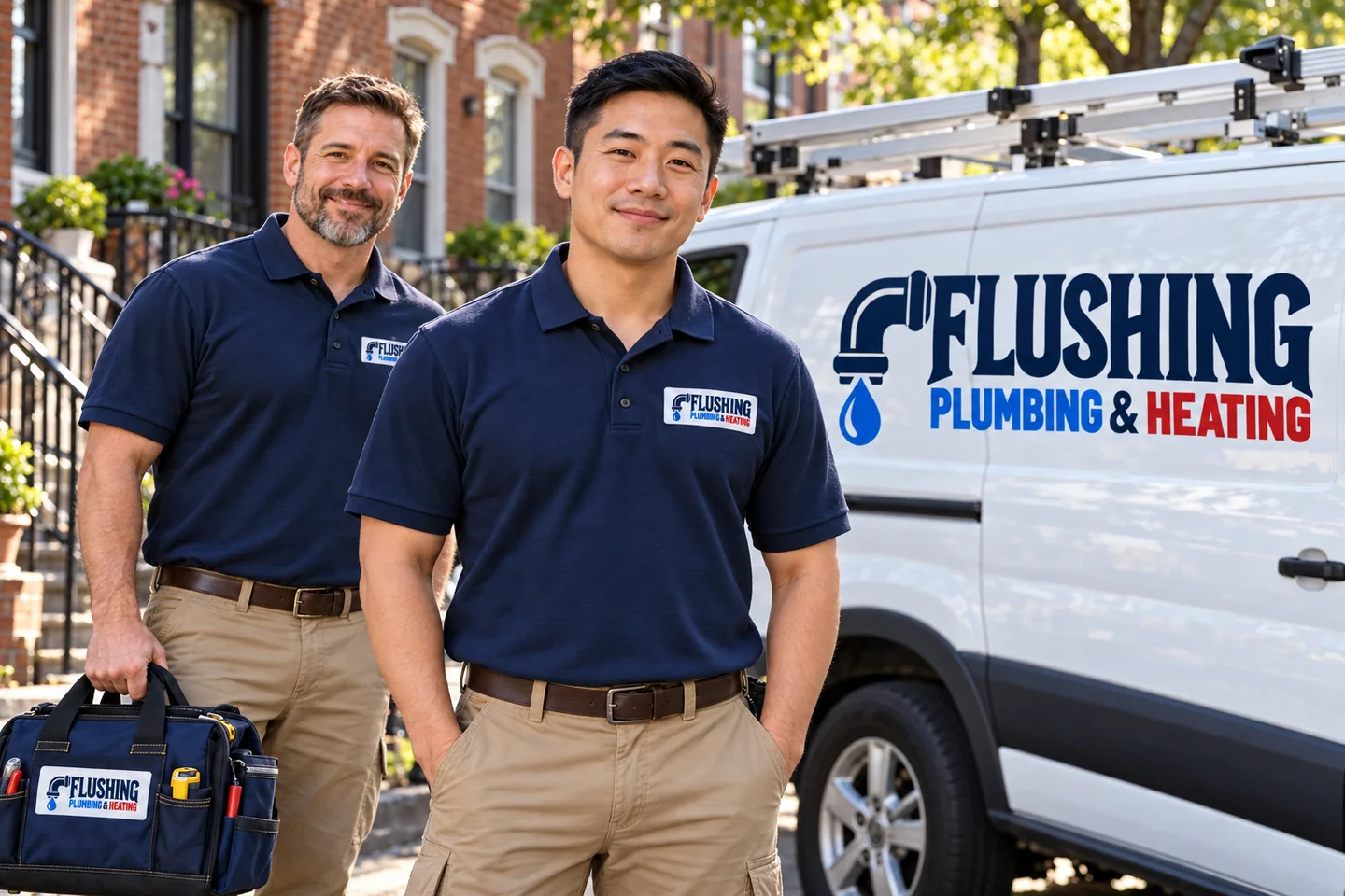 AI-created Asian and White plumbing brand characters wearing Flushing Plumbing uniforms beside a branded van.
